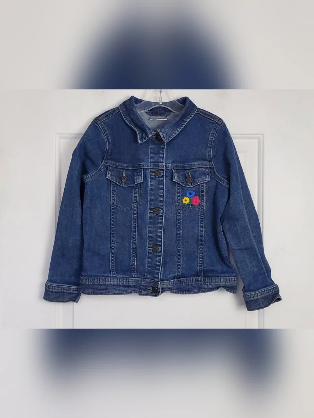 Hanna Andersson Girls Embroidered Flowers Denim Jacket - Size 8 (130 cm) - GUC